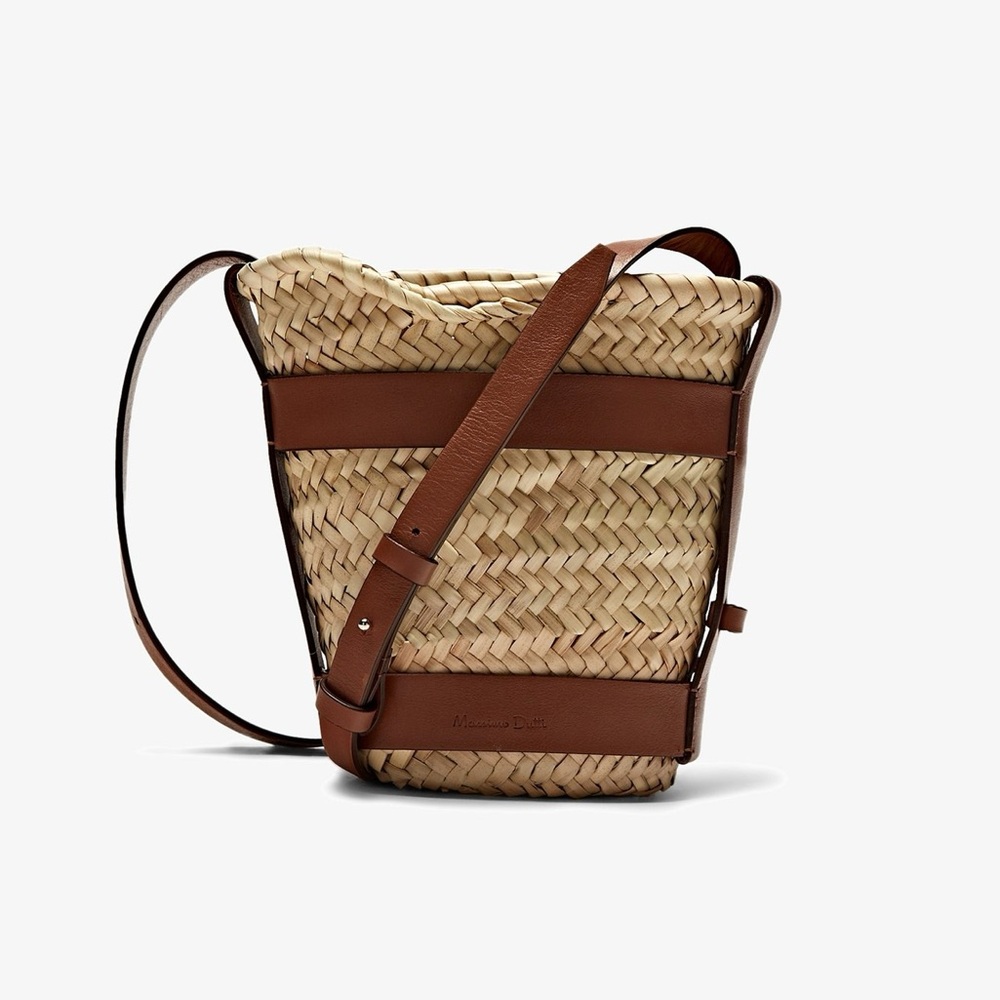 NWOT Massimo Dutti Mini Woven Basket Bag + Detachable Pouch In Leather Accents